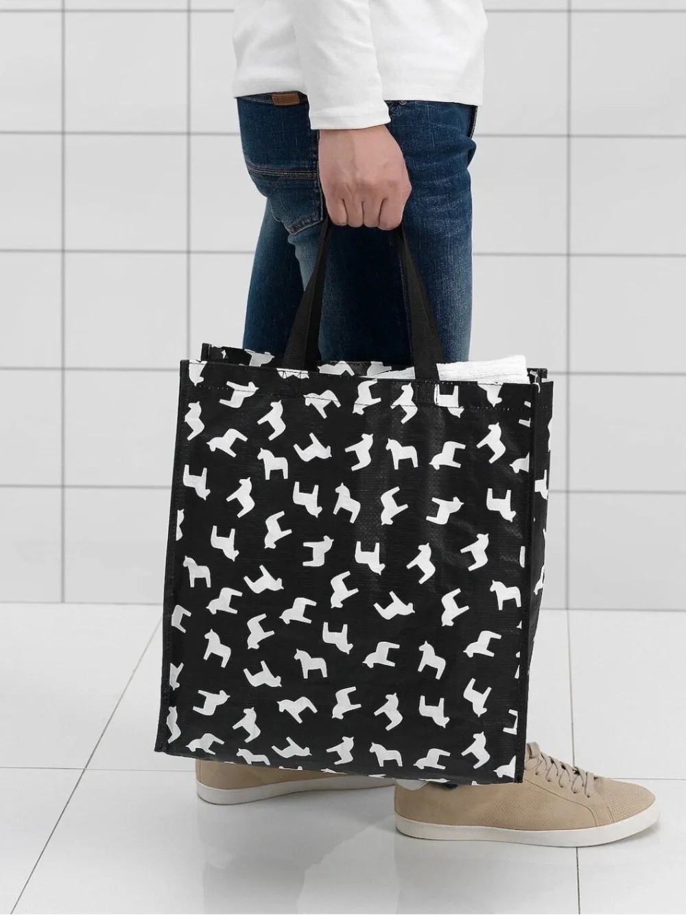 IKEA HÄSTHAGE 2- Tote Storage Bags Black White Horse Print Reusable Organizer